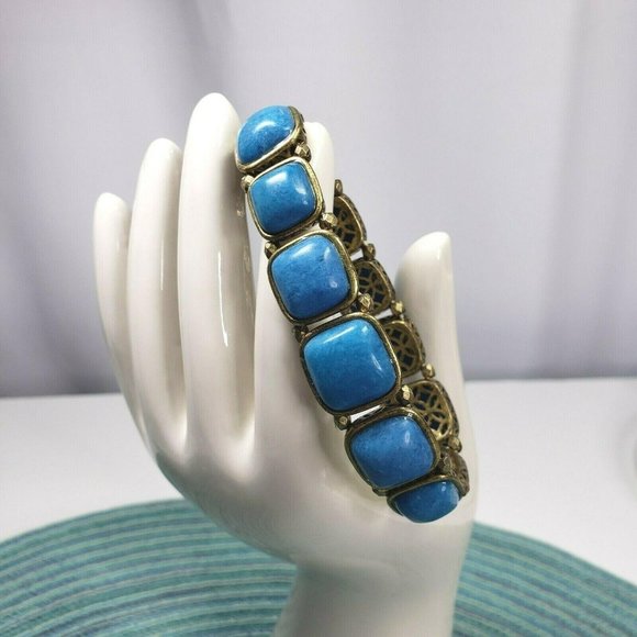 Fossil Stretch Square Blue Beaded Link Bracelet Dark Gold Hardware 7" - Picture 2 of 8